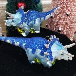 2 Blown Glass Triceratops Dinosaur Glittered Christmas Ornament Jurassic